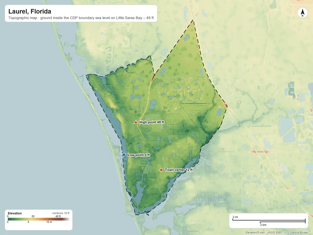 Topographic elevation map of Laurel, Florida, shaded from sea level level on Little Saras Bay to 49 ft on the northwest side
