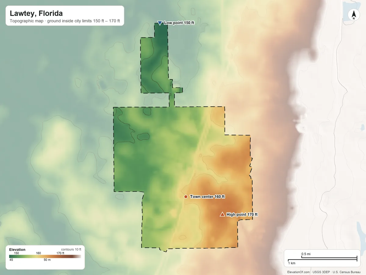 Topographic elevation map of Lawtey, Florida, shaded from 150 ft on the north side to 170 ft on the southeast side