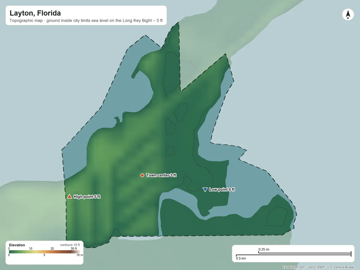 Topographic elevation map of Layton, Florida, shaded from sea level level on the Long Key Bight to 5 ft on the west side