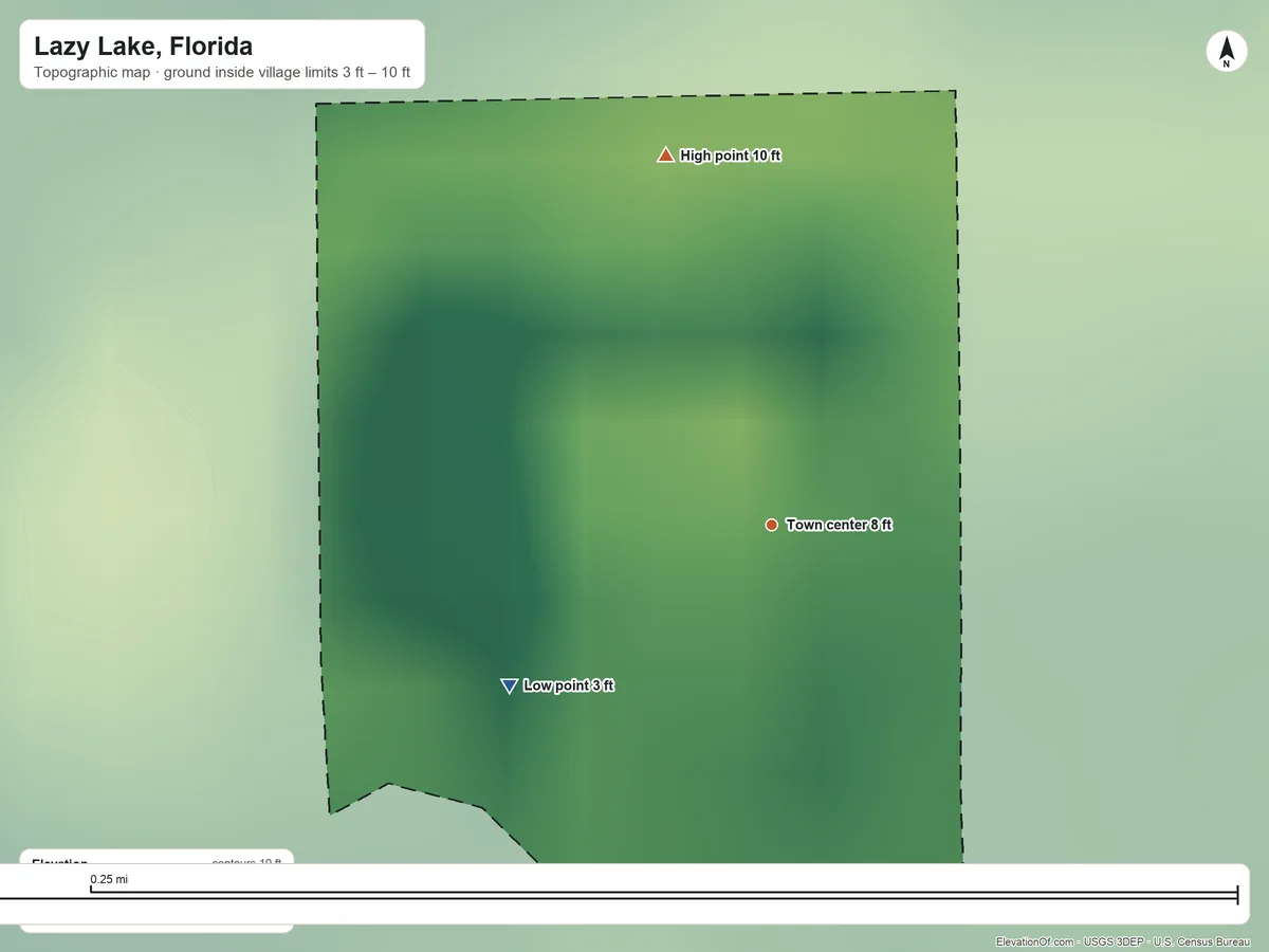 Topographic elevation map of Lazy Lake, Florida, shaded from 3 ft on the southwest side to 10 ft on the north side