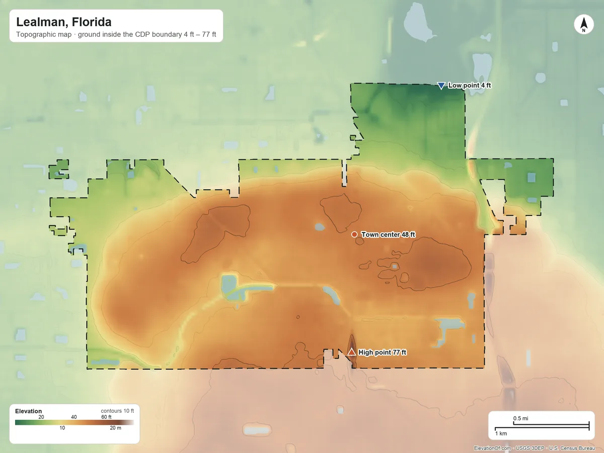 Topographic elevation map of Lealman, Florida, shaded from 4 ft on the northeast side to 77 ft on the south side