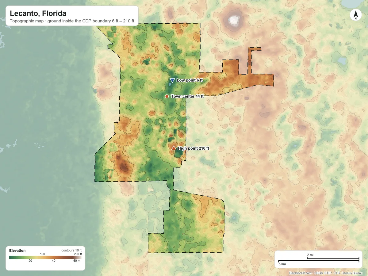 Topographic elevation map of Lecanto, Florida, shaded from 6 ft near the middle to 210 ft on the south side