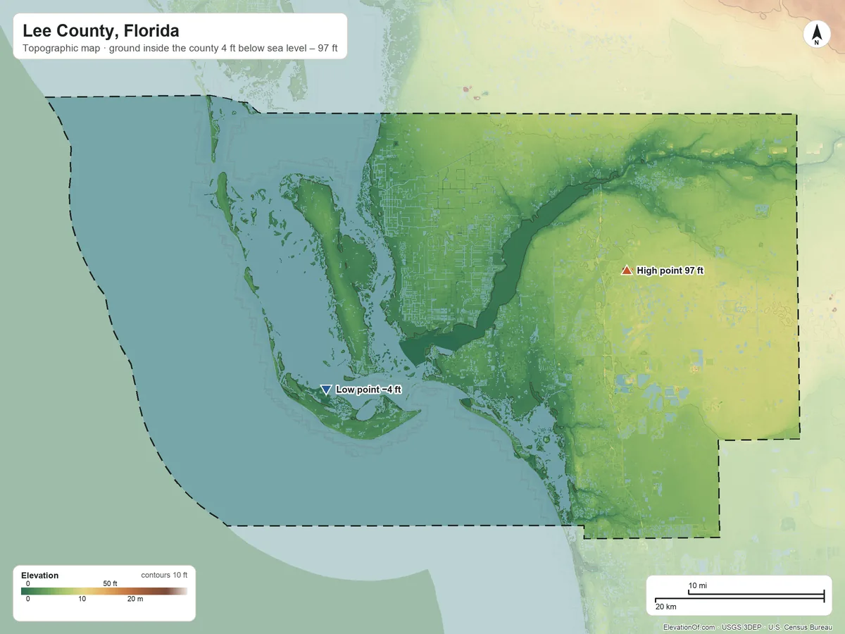 Topographic elevation map of Lee County, Florida, shaded from 4 ft below sea level on the southwest side to 97 ft on the east side