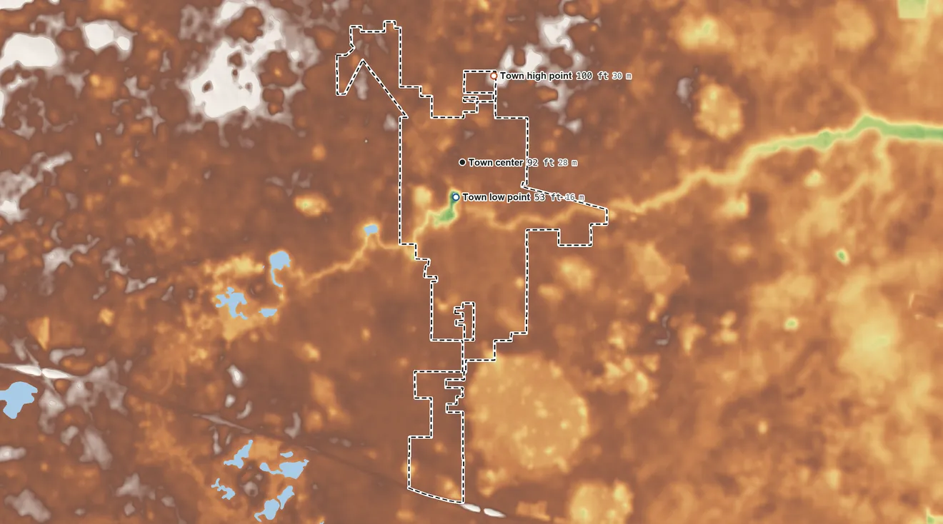 Topographic elevation map of Lee, Florida, shaded from 53 ft near the middle to 100 ft on the north side