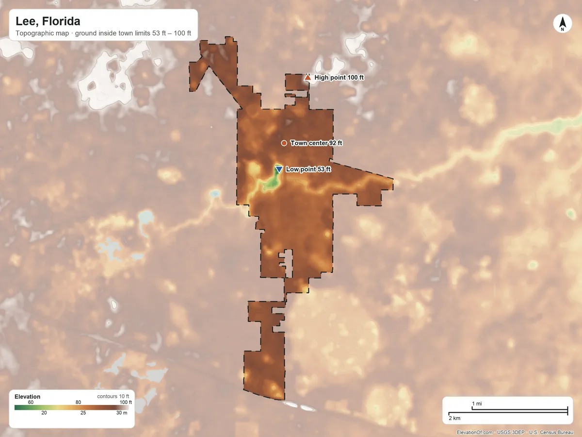 Topographic elevation map of Lee, Florida, shaded from 53 ft near the middle to 100 ft on the north side