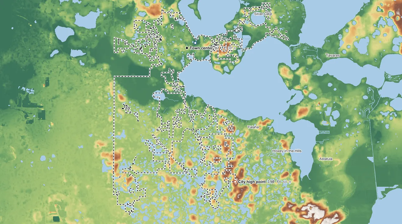 Topographic elevation map of Leesburg, Florida, shaded from 57 ft near the middle to 190 ft on the south side