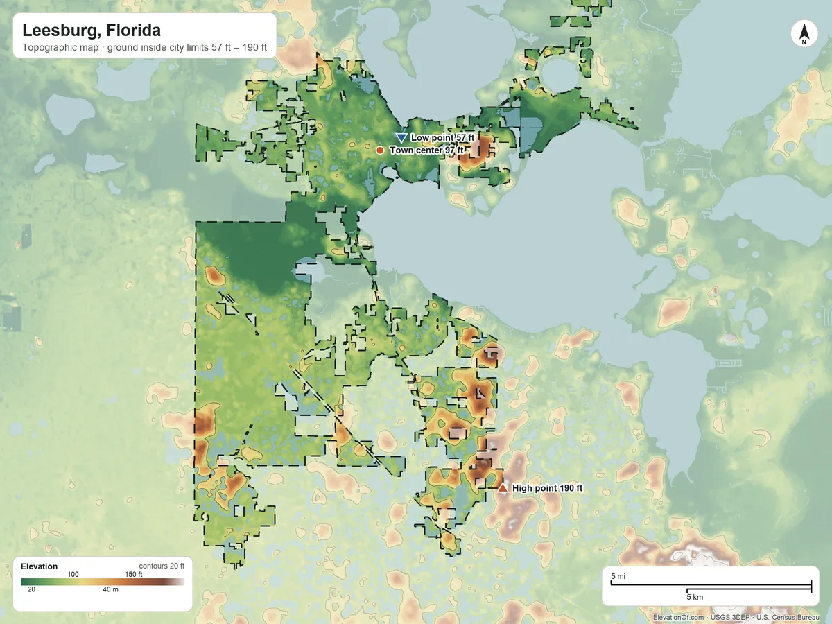 Topographic elevation map of Leesburg, Florida, shaded from 57 ft near the middle to 190 ft on the south side