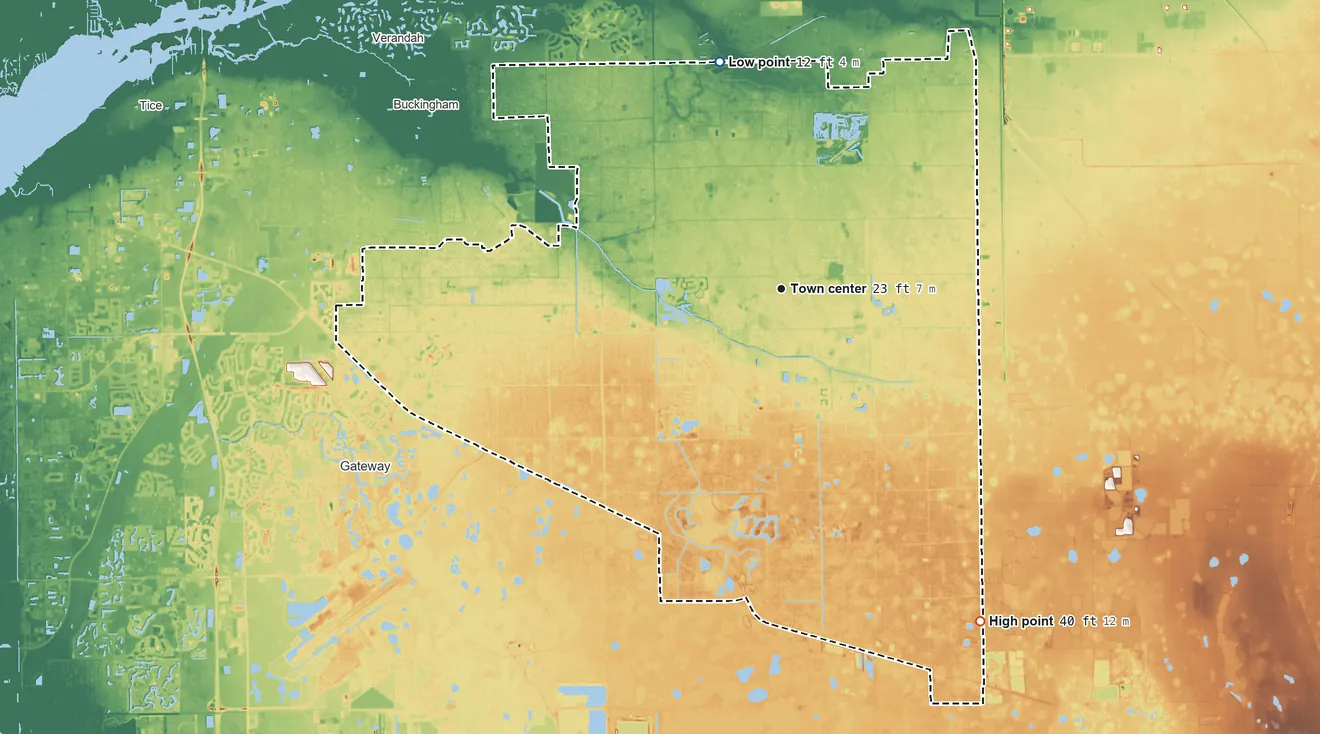 Topographic elevation map of Lehigh Acres, Florida, shaded from 12 ft on the north side to 40 ft on the southeast side