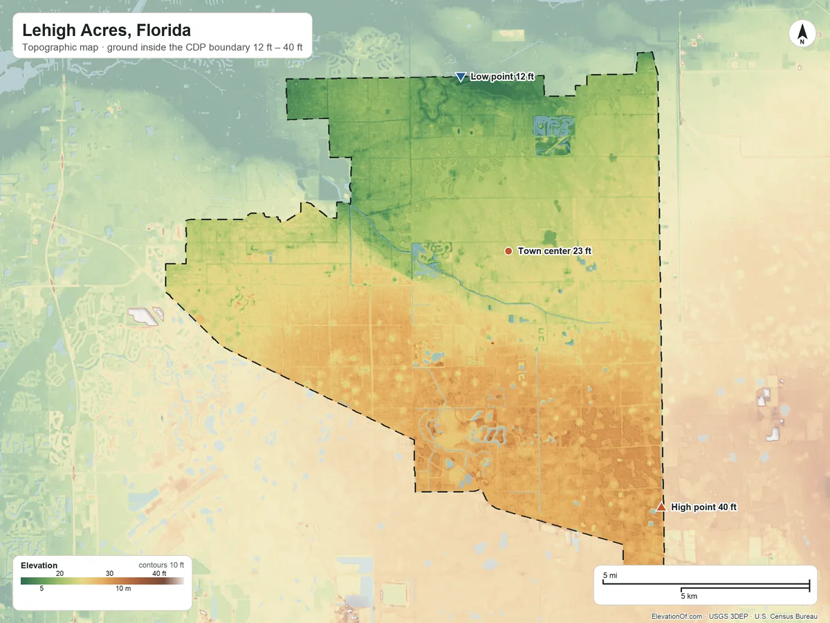 Topographic elevation map of Lehigh Acres, Florida, shaded from 12 ft on the north side to 40 ft on the southeast side