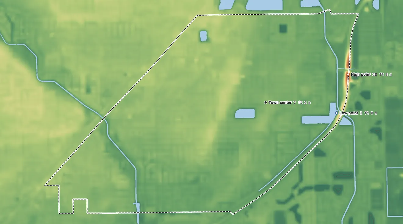 Topographic elevation map of Leisure City, Florida, shaded from 1 ft on the east side to 28 ft on the east side