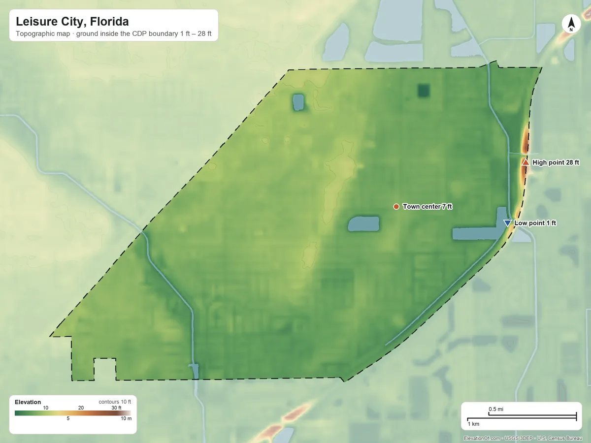 Topographic elevation map of Leisure City, Florida, shaded from 1 ft on the east side to 28 ft on the east side
