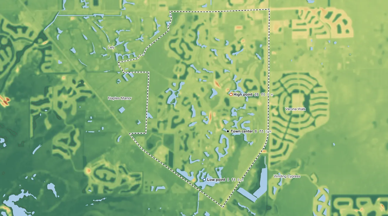 Topographic elevation map of Lely Resort, Florida, shaded from 1 ft on the southwest side to 28 ft on the north side