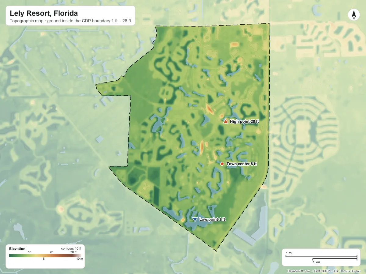Topographic elevation map of Lely Resort, Florida, shaded from 1 ft on the southwest side to 28 ft on the north side