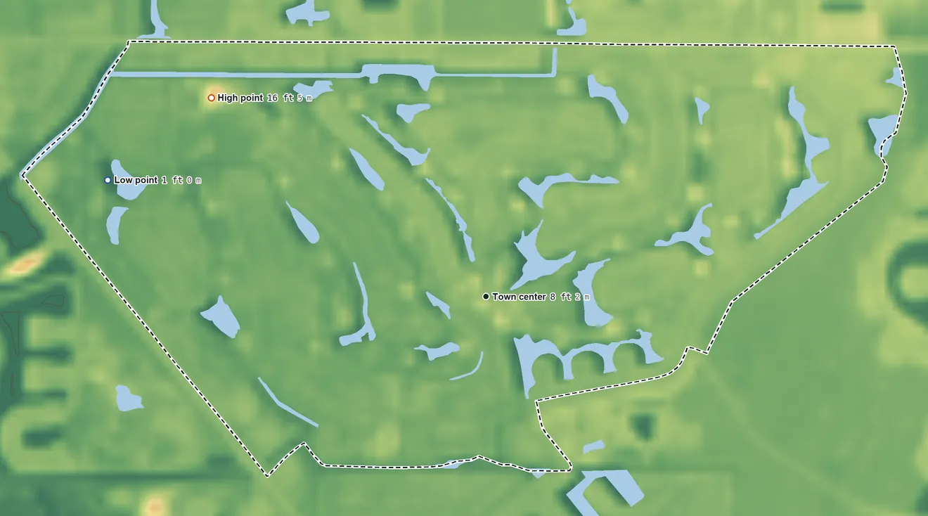 Topographic elevation map of Lely, Florida, shaded from 1 ft on the west side to 16 ft on the northwest side