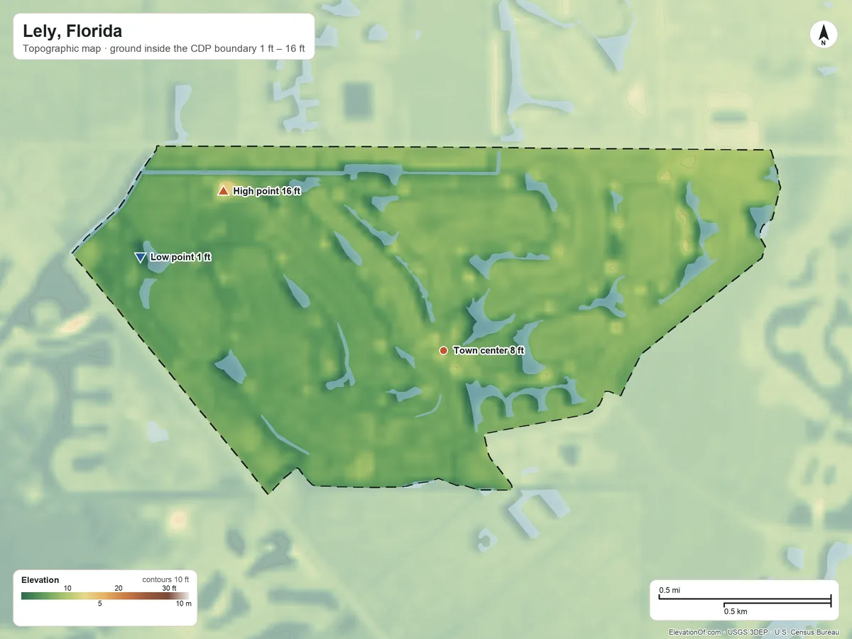 Topographic elevation map of Lely, Florida, shaded from 1 ft on the west side to 16 ft on the northwest side