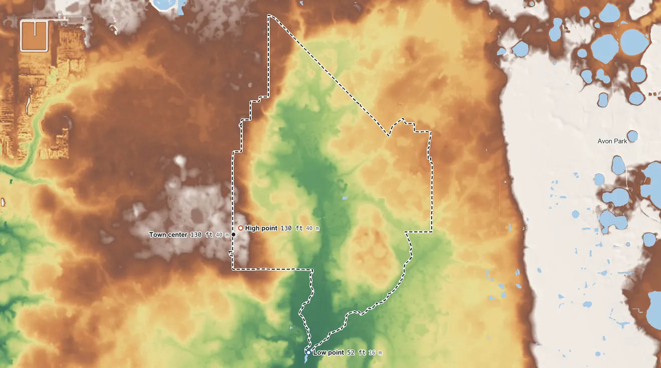 Topographic elevation map of Lemon Grove, Florida, shaded from 52 ft on the southeast side to 130 ft near the middle