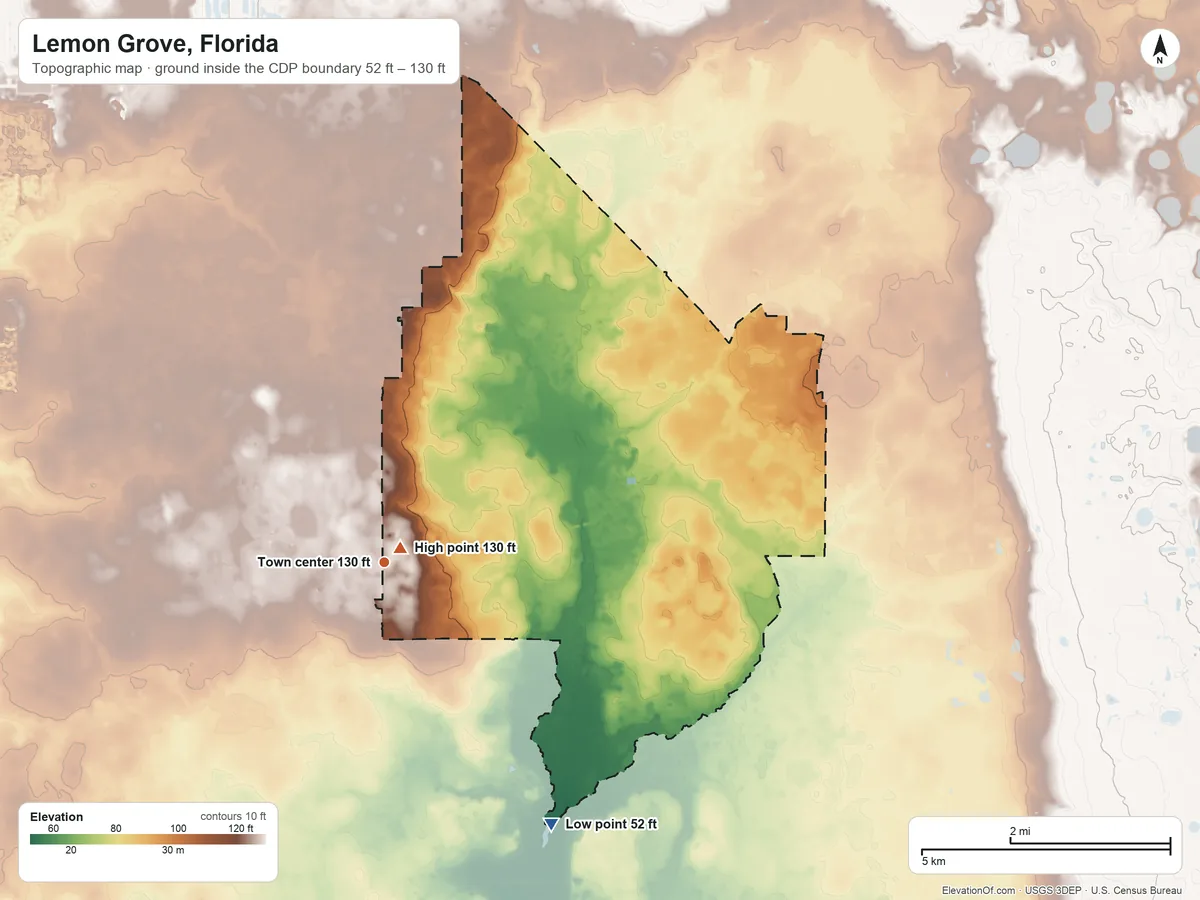 Topographic elevation map of Lemon Grove, Florida, shaded from 52 ft on the southeast side to 130 ft near the middle
