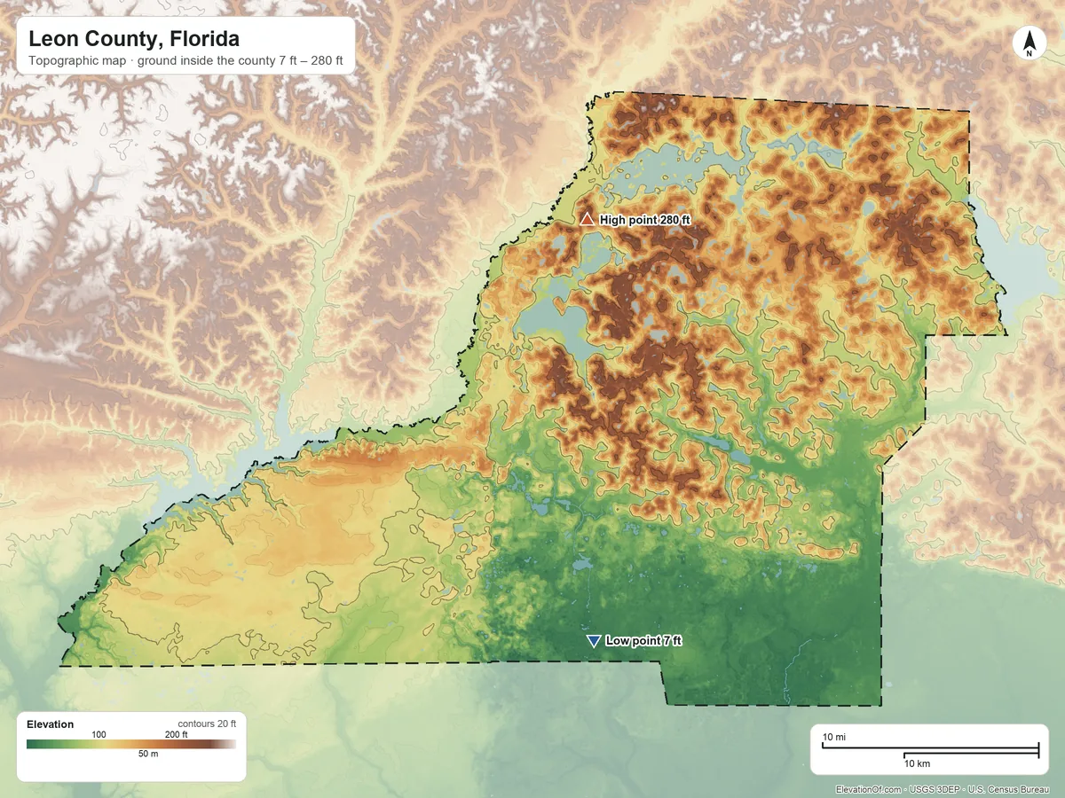 Topographic elevation map of Leon County, Florida, shaded from 7 ft on the south side to 280 ft on the north side