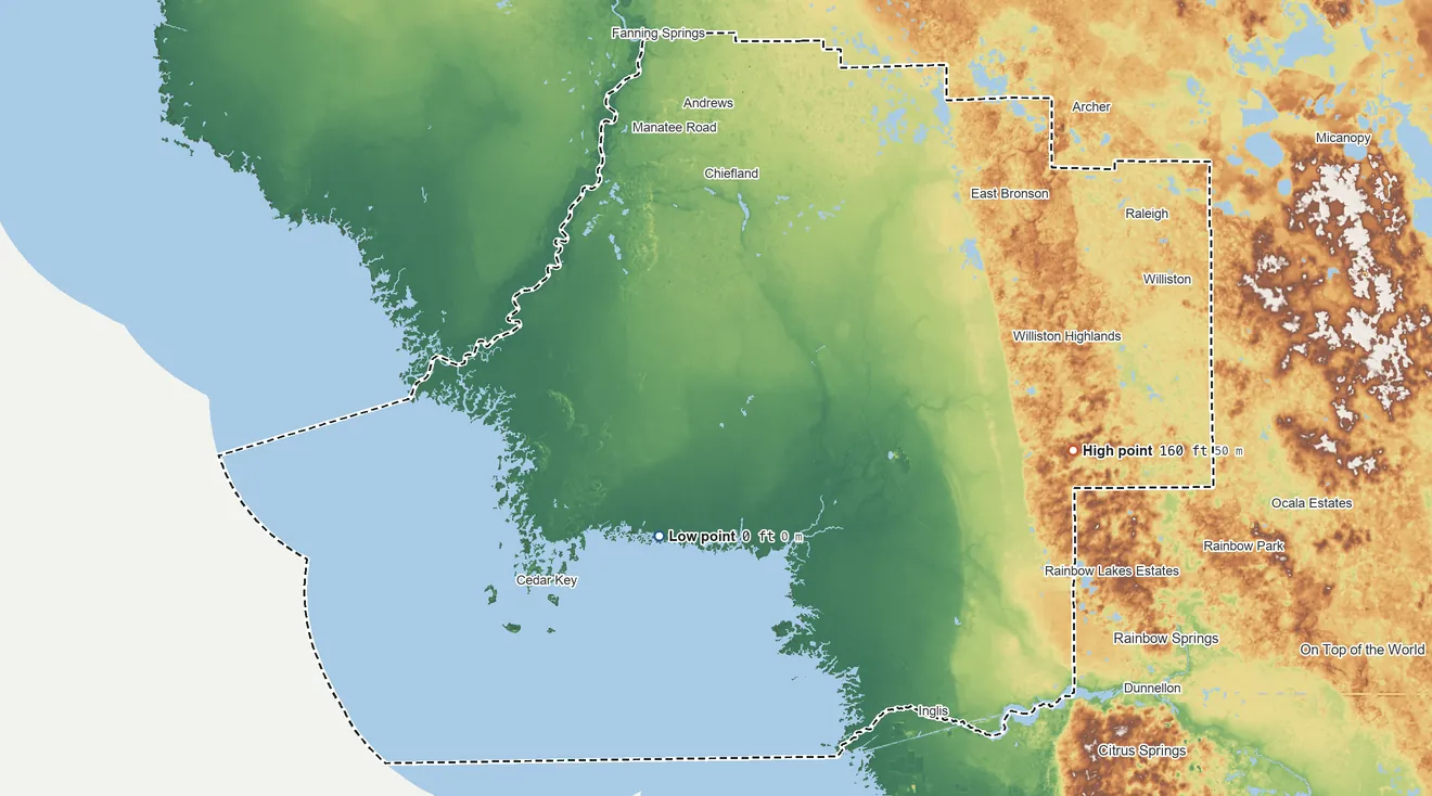 Topographic elevation map of Levy County, Florida, shaded from sea level on Winzy Creek to 160 ft on the east side