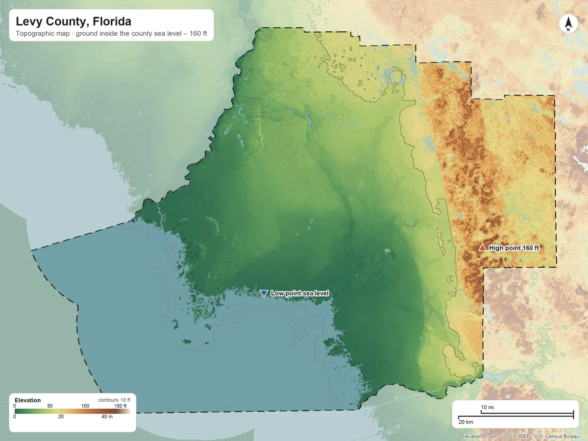 Topographic elevation map of Levy County, Florida, shaded from sea level on Winzy Creek to 160 ft on the east side