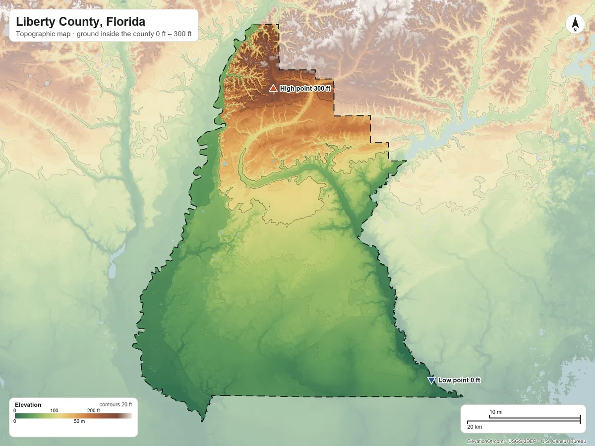 Topographic elevation map of Liberty County, Florida, shaded from 0 ft on the southeast side to 300 ft on the north side