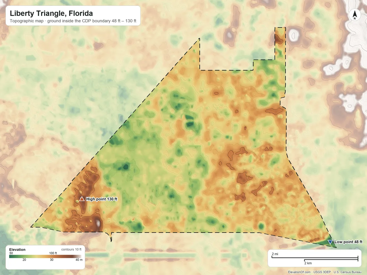 Topographic elevation map of Liberty Triangle, Florida, shaded from 48 ft on the southeast side to 130 ft on the west side