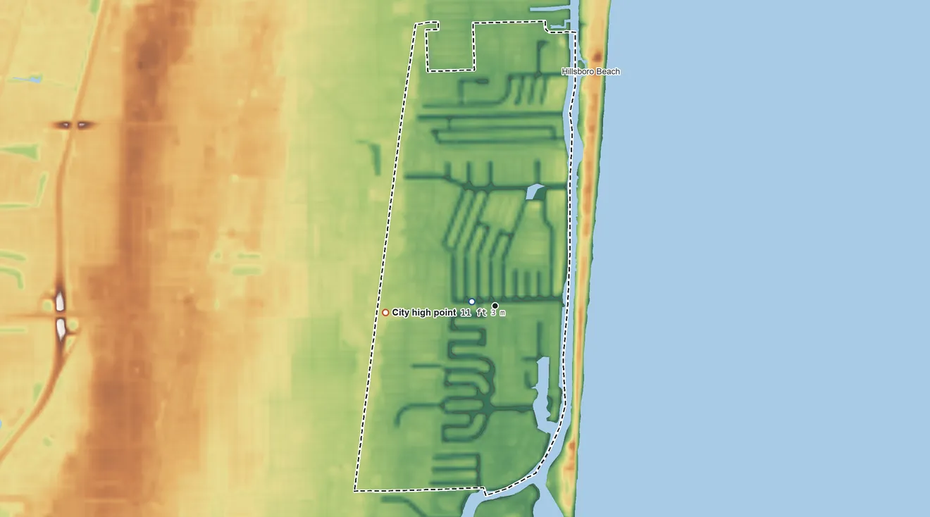 Topographic elevation map of Lighthouse Point, Florida, shaded from sea level level on the Atlantic Ocean to 11 ft on the west side