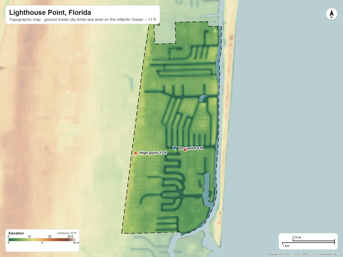 Topographic elevation map of Lighthouse Point, Florida, shaded from sea level level on the Atlantic Ocean to 11 ft on the west side