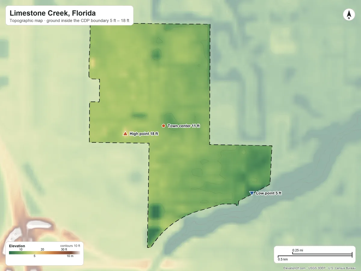 Topographic elevation map of Limestone Creek, Florida, shaded from 5 ft on the southeast side to 18 ft on the west side