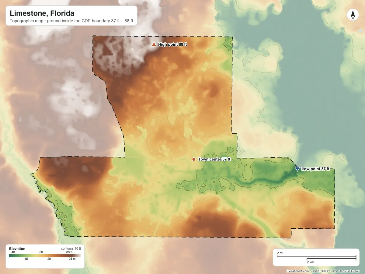 Topographic elevation map of Limestone, Florida, shaded from 37 ft on the east side to 88 ft on the north side