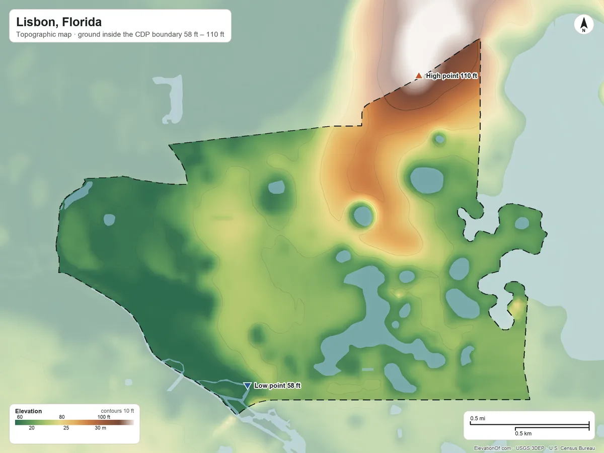 Topographic elevation map of Lisbon, Florida, shaded from 58 ft on the south side to 110 ft on the northeast side