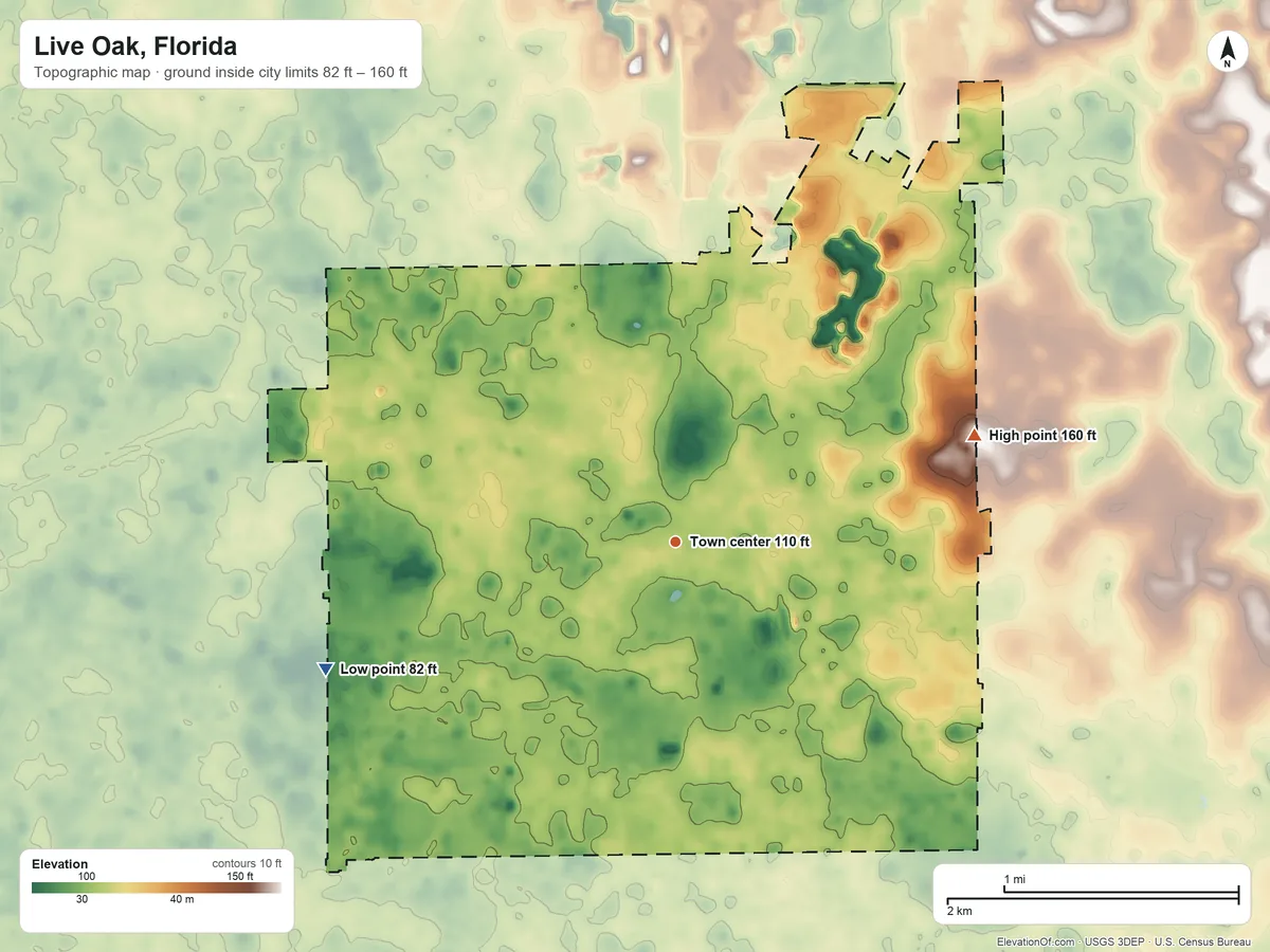 Topographic elevation map of Live Oak, Florida, shaded from 82 ft on the west side to 160 ft on the east side
