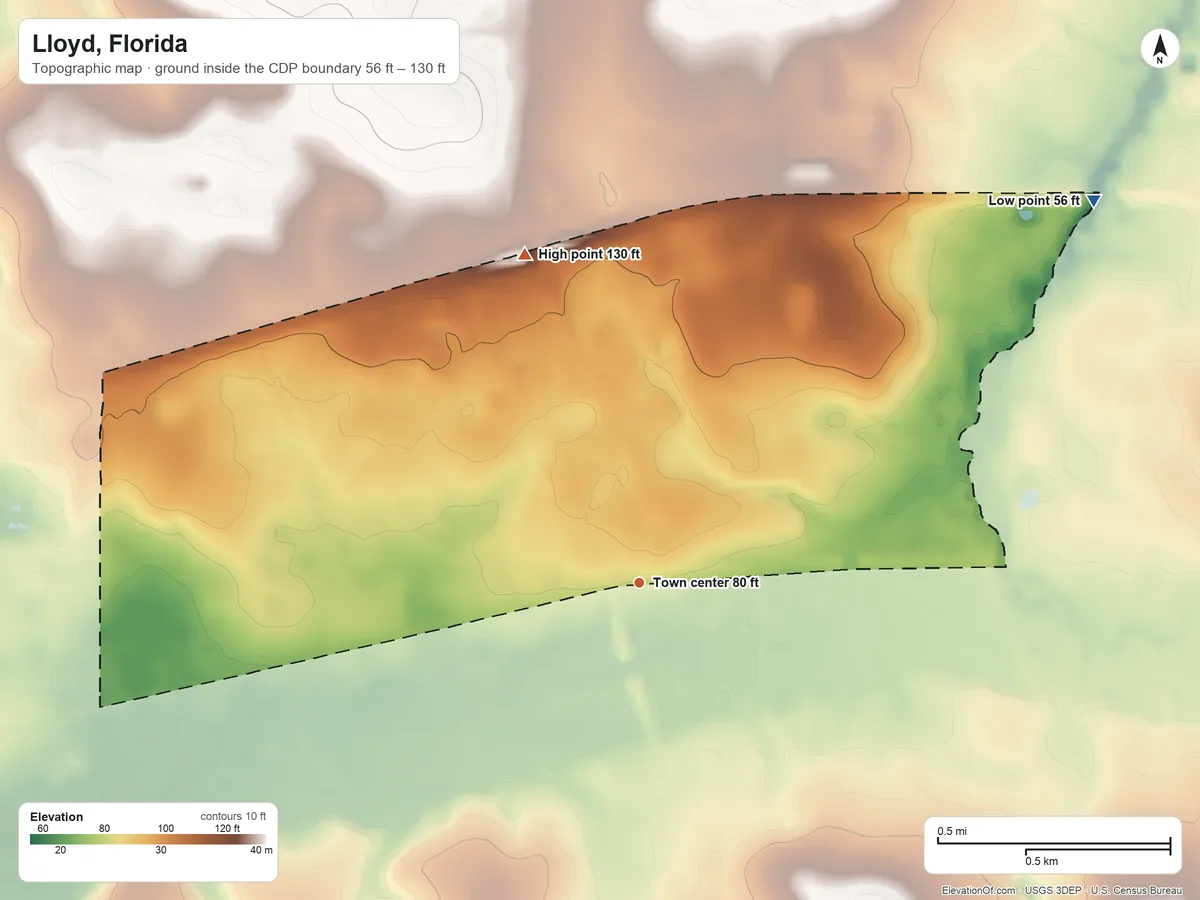 Topographic elevation map of Lloyd, Florida, shaded from 56 ft on the northeast side to 130 ft on the north side