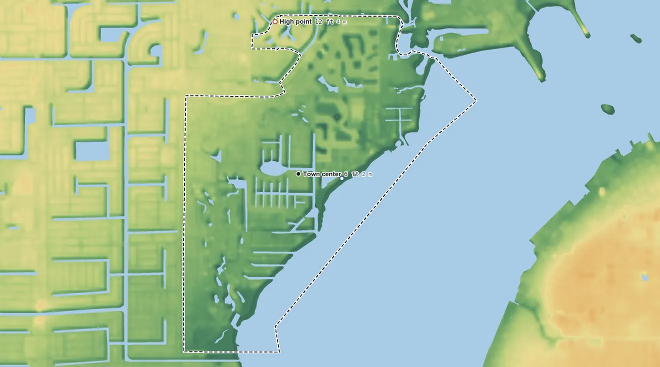 Topographic elevation map of Lochmoor Waterway Estates, Florida, shaded from 0 ft near the middle to 12 ft on the north side