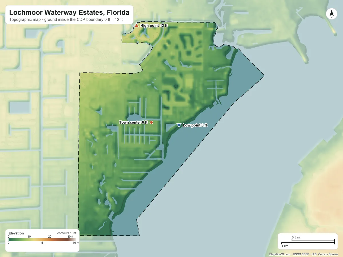 Topographic elevation map of Lochmoor Waterway Estates, Florida, shaded from 0 ft near the middle to 12 ft on the north side