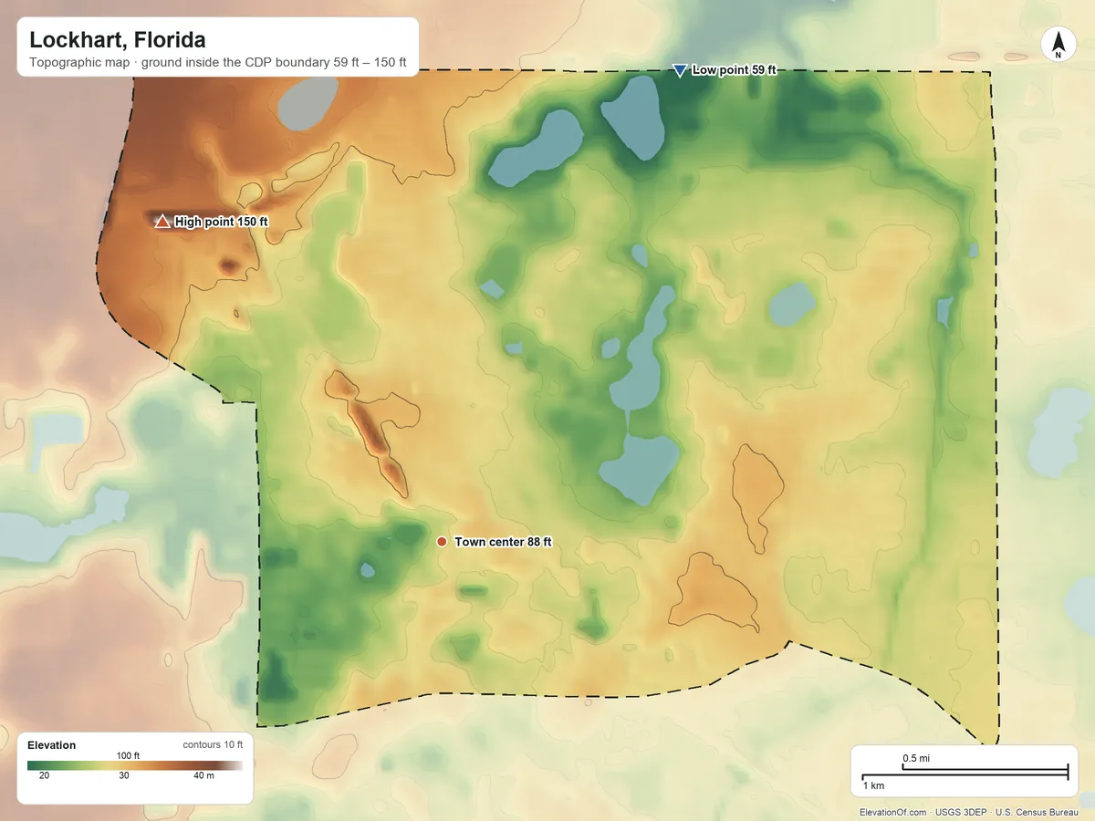Topographic elevation map of Lockhart, Florida, shaded from 59 ft on the northeast side to 150 ft on the northwest side