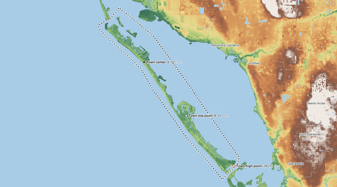 Topographic elevation map of Longboat Key, Florida, shaded from sea level level on Sarasota Bay to 20 ft on the southeast side