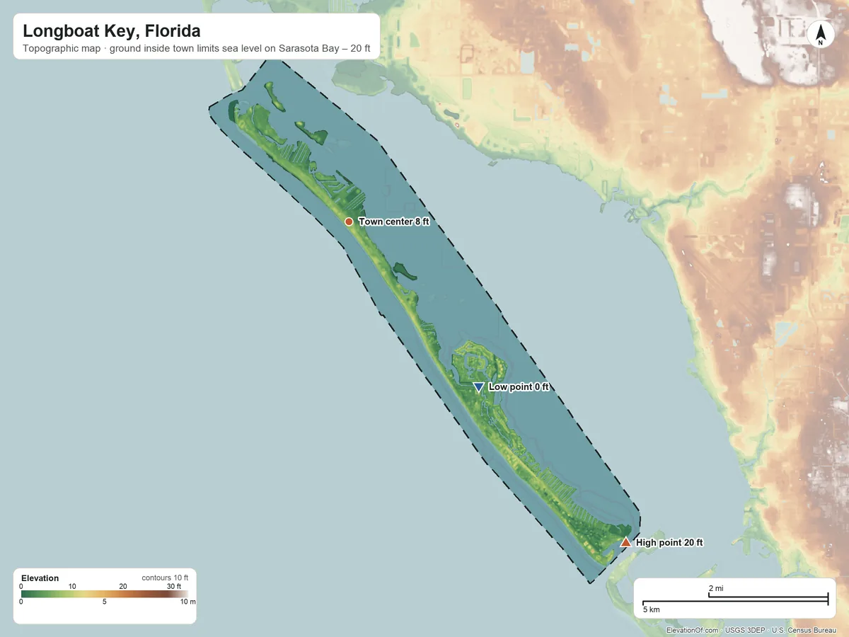 Topographic elevation map of Longboat Key, Florida, shaded from sea level level on Sarasota Bay to 20 ft on the southeast side