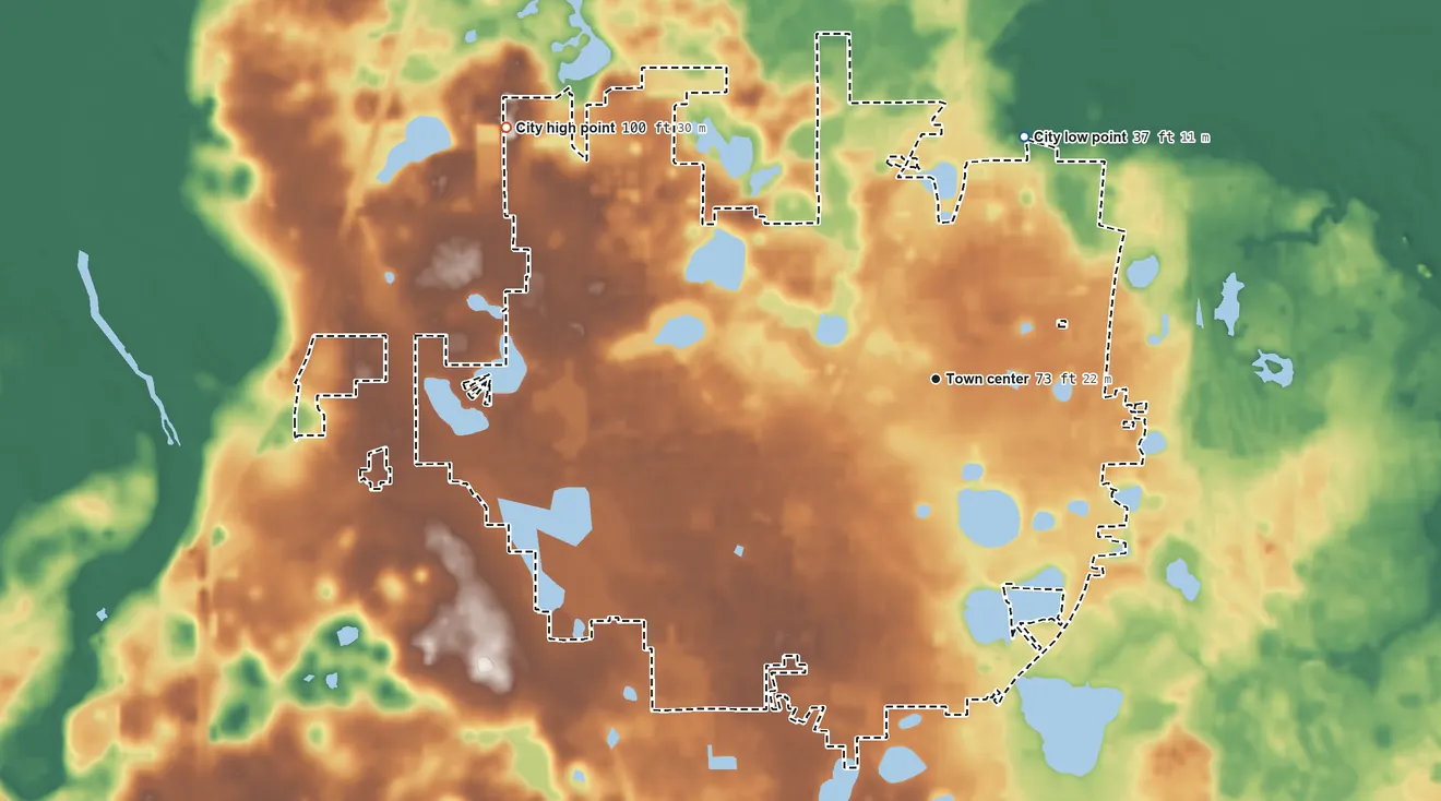 Topographic elevation map of Longwood, Florida, shaded from 37 ft on the north side to 100 ft on the northwest side