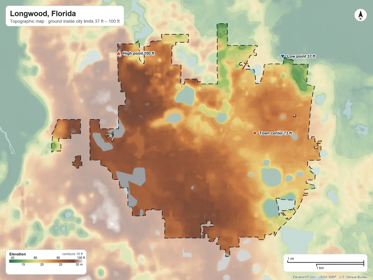 Topographic elevation map of Longwood, Florida, shaded from 37 ft on the north side to 100 ft on the northwest side