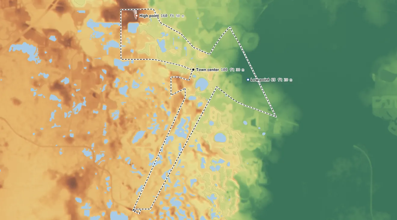 Topographic elevation map of Loughman, Florida, shaded from 65 ft on the east side to 160 ft on the northwest side