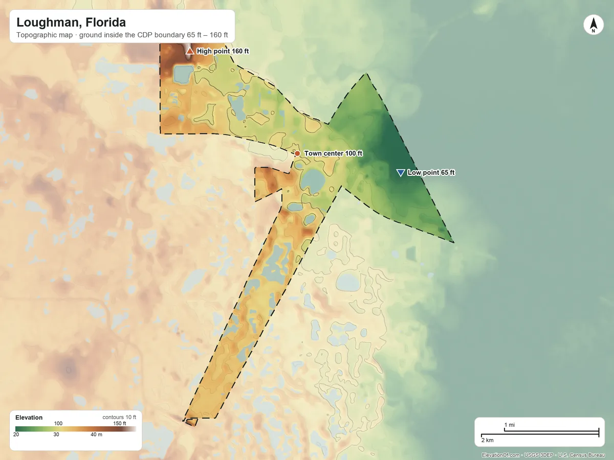 Topographic elevation map of Loughman, Florida, shaded from 65 ft on the east side to 160 ft on the northwest side