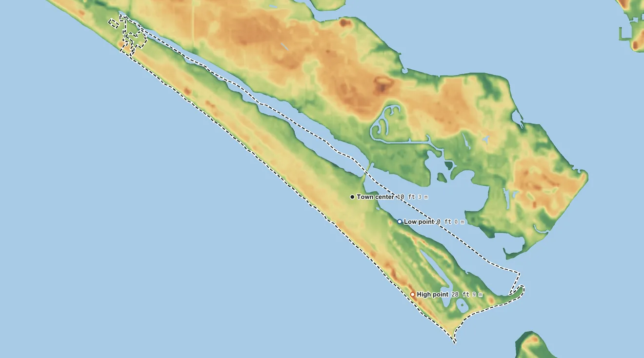 Topographic elevation map of Lower Grand Lagoon, Florida, shaded from sea level level on Grand Lagoon to 28 ft on the southeast side