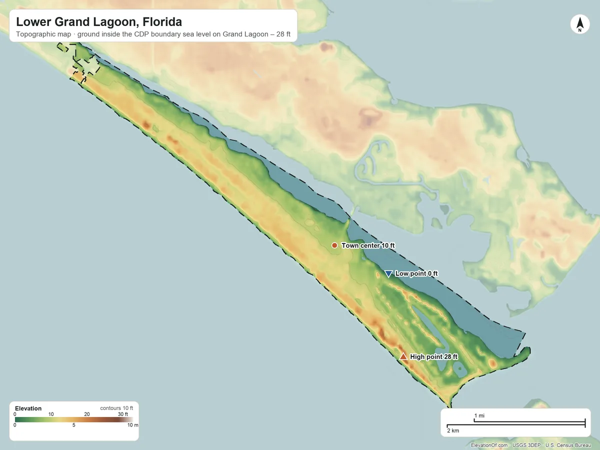 Topographic elevation map of Lower Grand Lagoon, Florida, shaded from sea level level on Grand Lagoon to 28 ft on the southeast side