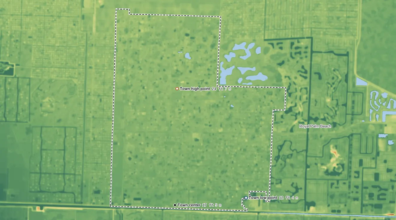 Topographic elevation map of Loxahatchee Groves, Florida, shaded from 12 ft on the east side to 24 ft on the north side
