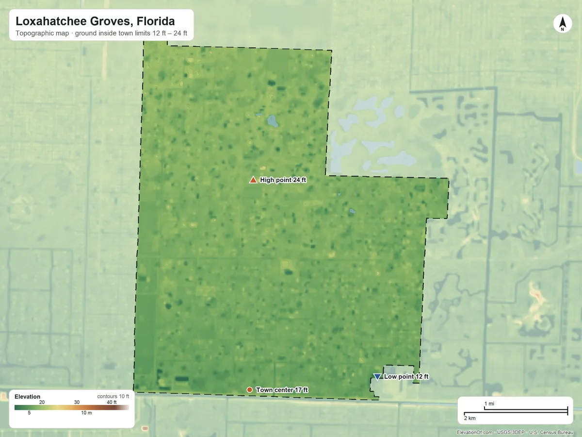 Topographic elevation map of Loxahatchee Groves, Florida, shaded from 12 ft on the east side to 24 ft on the north side