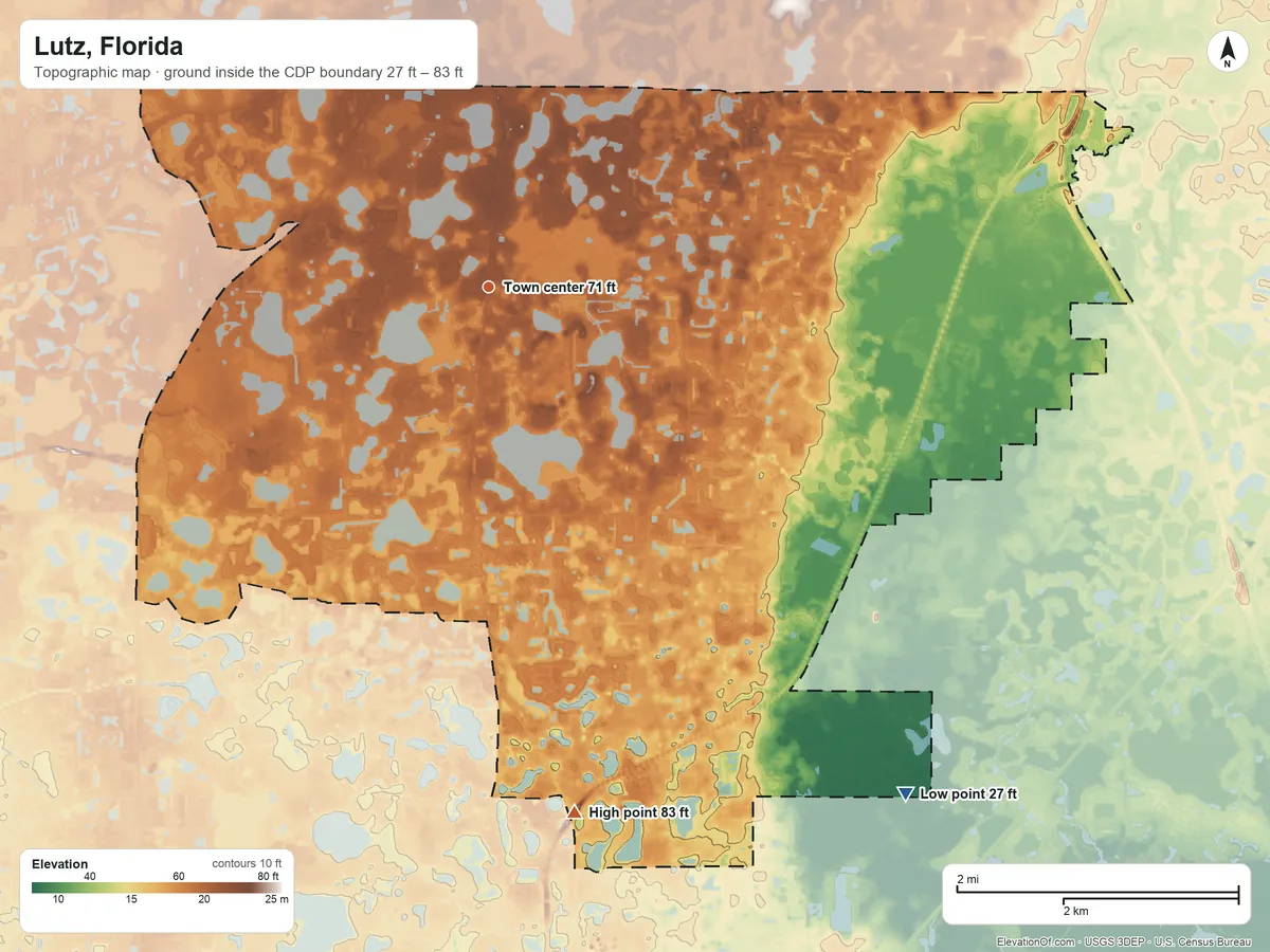 Topographic elevation map of Lutz, Florida, shaded from 27 ft on the southeast side to 83 ft on the south side