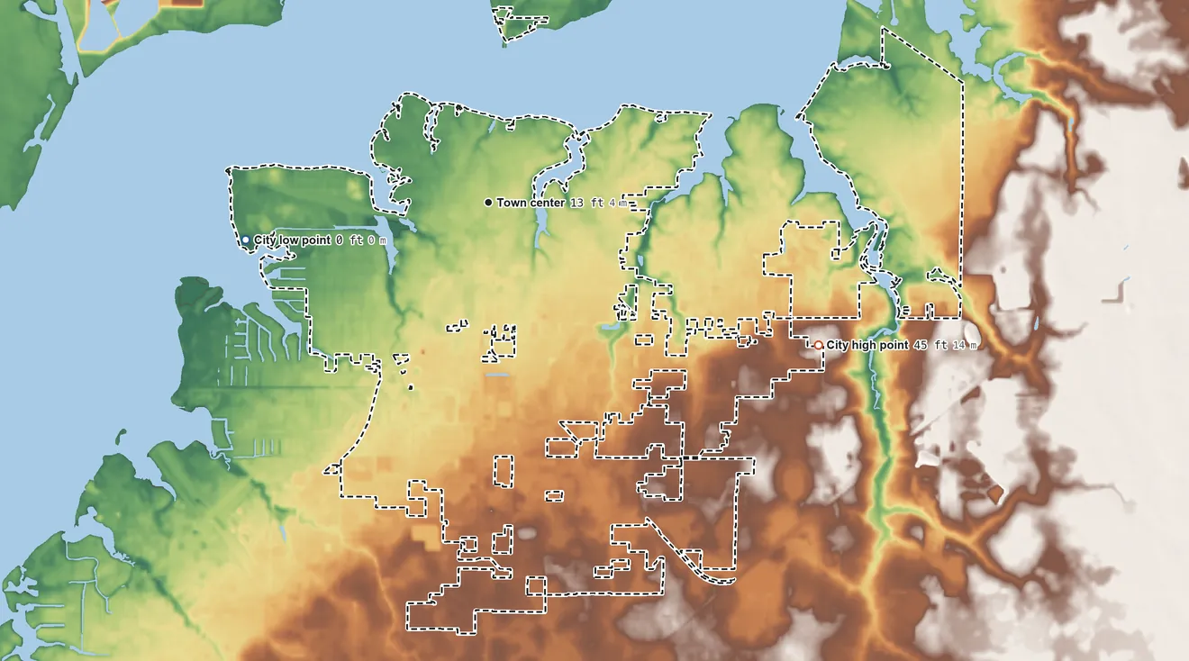Topographic elevation map of Lynn Haven, Florida, shaded from sea level level on North Bay to 45 ft on the southeast side