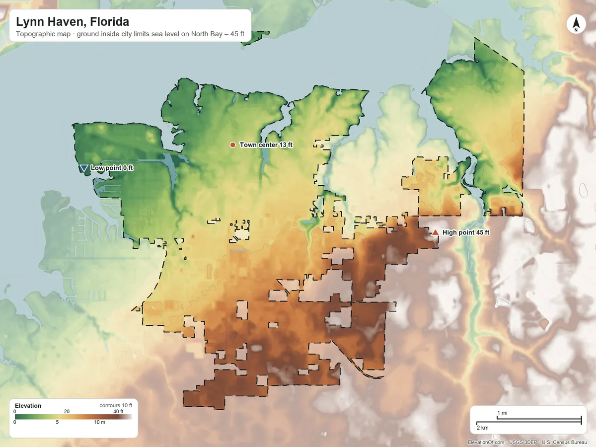 Topographic elevation map of Lynn Haven, Florida, shaded from sea level level on North Bay to 45 ft on the southeast side