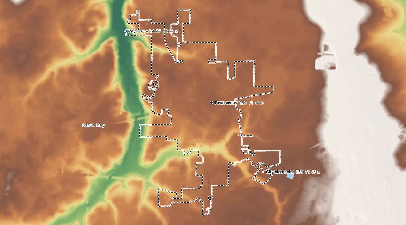 Topographic elevation map of Macclenny, Florida, shaded from 77 ft on the northwest side to 150 ft on the southeast side